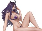  1girl alternate_costume bikini breasts camilla_(fire_emblem) closed_mouth crown fire_emblem fire_emblem_fates fire_emblem_heroes j@ck large_breasts legs long_hair looking_at_viewer navel purple_bikini purple_hair simple_background sitting smile solo swimsuit thighs tiara white_background 