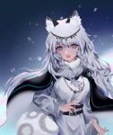  1girl :d absurdres animal_ear_fluff animal_ears arknights belt belt_buckle black_belt black_capelet buckle capelet commentary dress grey_eyes grey_hair hair_between_eyes highres jewelry kjerag_logo leopard_ears leopard_girl leopard_tail long_hair long_sleeves looking_at_viewer necklace open_mouth pramanix_(arknights) smile solo tail teeth tiara tumobaizhi upper_body upper_teeth very_long_hair white_dress 