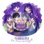  2girls 4boys anniversary aubrey_(omori) basil_(omori) big_yellow_cat_(omori) black_eyes black_hair blush bow cake candle closed_eyes collarbone copyright_name food fruit hair_bow hero_(omori) highres holding holding_plate kel_(omori) long_hair looking_at_viewer mari_(omori) multiple_boys multiple_girls nagakun_omo omori omori_(omori) open_mouth overall_shorts overalls pajamas pink_bow plate purple_eyes purple_hair shirt short_hair short_sleeves teeth upper_teeth watermelon yellow_shirt 