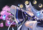  1girl animal_ear_fluff animal_ears answering azur_lane bare_shoulders blue_butterfly blue_eyes blue_kimono breasts bug butterfly cleavage gold_trim highres japanese_clothes kimono kitsune large_breasts long_hair long_sleeves moon_phases multiple_swords night night_sky outstretched_arm purple_kimono sheath sheathed shinano_(azur_lane) sky solo star_(sky) starry_sky thighhighs two-tone_kimono very_long_hair white_hair white_tail white_thighhighs wide_sleeves 