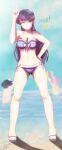  1girl absurdres beach deivax_draws highres komi-san_wa_komyushou_desu komi_shouko long_hair looking_at_viewer osana_najimi_(komi-san_wa_komyushou_desu) pink_hair purple_hair short_hair smile summer swimsuit tadano_hitohito water 