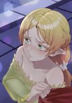  1girl bare_shoulders blonde_hair blush breasts cape_tug cleavage elf flower green_eyes hair_flower hair_ornament highres indoors isekai_ojisan long_hair pointy_ears rena_sakuma small_breasts sui_(isekai_ojisan) upper_body 