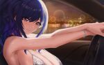  1girl absurdres azur_lane blue_hair bracelet breasts car_interior cityscape dress evening_gown from_side highres huge_breasts jewelry looking_at_viewer official_alternate_costume pearl_bracelet purple_eyes revealing_clothes st._louis_(azur_lane) st._louis_(luxurious_wheels)_(azur_lane) steering_wheel upper_body user_wwzr4427 