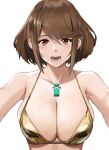  1girl alternate_hair_color bangs bare_shoulders breasts brown_hair chest_jewel cleavage commission gold_bikini highres j@ck large_breasts looking_at_viewer open_mouth pyra_(xenoblade) red_eyes short_hair simple_background solo swept_bangs upper_body white_background xenoblade_chronicles_(series) xenoblade_chronicles_2 