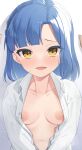  1girl binsen blue_hair blush breasts collarbone collared_shirt highres idolmaster idolmaster_million_live! long_sleeves looking_at_viewer nanao_yuriko navel nipples open_clothes open_mouth open_shirt pov pov_hands shirt short_hair small_breasts upper_body white_shirt yellow_eyes 