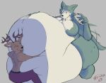  absurd_res anthro antlers beastars belly big_belly brown_body brown_fur canid canine canis cervid duo fur grey_body grey_fur hi_res horn legoshi_(beastars) louis_(beastars) male male/male mammal moobs overweight overweight_male terito wolf 