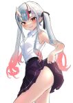  1girl ass clothes_lift collared_shirt fang grey_hair hair_ribbon highres hololive horns long_hair multicolored_hair nakiri_ayame oni oni_horns red_eyes red_hair ribbon shirt simple_background skirt skirt_lift sleeveless sleeveless_shirt solo streaked_hair terra_bose twintails virtual_youtuber white_background 
