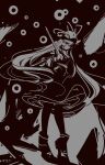  1girl :/ absurdres boots chinese_commentary closed_mouth commentary_request dress greyscale hair_between_eyes hat hat_ribbon high_contrast highres holding jialuren lofter_username long_hair looking_at_viewer mob_cap monochrome ribbon solo standing touhou very_long_hair yakumo_yukari 