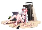  1girl absurdres alternate_costume blush braid breasts can chest_tattoo cleavage cooler counter:side food fruit hat highres long_hair official_alternate_costume official_art pink_eyes pink_hair sandals shena_(counter:side) shorts single_bare_shoulder sitting tattoo watermelon 