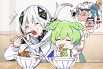  2girls animal_ears arm_around_shoulder bowl cevio chopsticks closed_eyes commentary curry_udon eating food green_hair kafu_(cevio) long_hair low_twintails multiple_girls neta noodles open_mouth orange_range shirt short_hair soup soyaka sushi_tabetai thought_bubble triangle_hair_ornament twintails udon voicevox white_hair white_shirt zundamon 