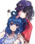  2girls bangs black_eyes black_hair blue_dress blue_eyes blue_vest blush cabbie_hat dot_mouth dress drill_hair hair_ornament hair_rings hair_stick hat kaku_seiga leaning_on_person looking_at_viewer medium_hair miyako_yoshika multiple_girls ofuda_on_head open_clothes open_mouth open_vest purple_headwear red_shirt shirt simple_background smile tare_(tonikaku_magaru) touhou upper_body vest white_background wide_sleeves 