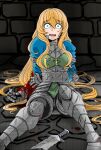  1girl absurdres armor bleeding blonde_hair blood brick_wall broken broken_sword broken_weapon crying cuts damaged defeat gauntlets highres injury knight long_hair nazo_no_diaboro open_mouth original scared solo sword tears torn_clothes very_long_hair weapon 
