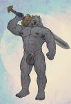  anthro armpit_hair balls black_nipples blaidd_(elden_ring) blue_background body_hair canid canine canis elden_ring facial_scar flaccid fromsoftware fur genitals glans grey_balls grey_body grey_fur grey_penis hi_res holding_object holding_sword holding_weapon humanoid_genitalia humanoid_penis male mammal melee_weapon nipples nude penis penis_scar red_glans rossciaco scar scars_all_over simple_background solo sword tusks video_games warrior weapon white_background wolf 