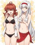  absurdres ahoge arashi_(kancolle) bikini black_bikini closed_eyes hairband highres kanmiya_shinobu kantai_collection long_hair navel one_eye_closed red_hair short_hair shoukaku_(kancolle) swimsuit white_bikini yellow_eyes 