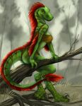  anthro bottomwear breasts caribou_(artist) clothing cloud day detailed_background dinosaur dromaeosaurid feet female fingers forest grass green_body hair hi_res loincloth non-mammal_breasts outside plant red_hair reptile scalie sky solo theropod toes tree tribal tribal_clothing uthalla yellow_eyes 