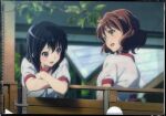  2girls artist_request bangs black_hair blurry blurry_background blush brown_eyes brown_hair hibike!_euphonium highres kousaka_reina leaning leaning_forward leaning_on_rail long_hair looking_at_another multiple_girls official_art open_mouth oumae_kumiko outdoors purple_eyes scan shirt short_hair short_sleeves smile standing tree white_shirt 