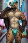  abs anthro city city_background fur hyaenid juiceps male mammal nipples pecs solo spots spotted_body spotted_fur spotted_hyena 