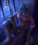 anthro clothed clothing cosplay ear_piercing fully_clothed gloves green_body green_scales handwear hi_res kobold male mask nurinaki piercing scales scalie sitting sly_cooper sly_cooper_(series) solo sony_corporation sony_interactive_entertainment staff sucker_punch_productions video_games window 