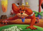  activision anthro clothes_on_floor clothing crash_bandicoot_(series) crunch_bandicoot erection exercise feet fur genitals looking_at_viewer male paws penis push-up solo spelunker_sal thong underwear video_games 