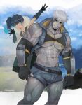  1boy 1girl abs arm_tattoo artist_name bara biceps black_hair blue_hair blurry blurry_background cloud cloudy_sky crop_top denim elbow_gloves gauntlets gloves grasslands highres jacket jeans jewelry lanz_(xenoblade) large_pectorals leather leather_belt long_hair male_focus multicolored_hair muscular muscular_male necklace nipples open_clothes open_jacket open_mouth pants pectorals ponytail robokeh sena_(xenoblade) shorts signature silver_skin sky smile smirk tattoo teeth thick_arms thick_eyebrows thick_thighs thighs tight tongue water white_hair xenoblade_chronicles_(series) xenoblade_chronicles_3 