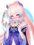  1girl :t bare_shoulders beads blue_bow blue_gemstone blush bow bow-shaped_hair colored_tips detached_sleeves doughnut eating food full-face_blush gem genshin_impact gloves gradient_eyes gradient_hair hair_wings half_gloves head_wings highres holding holding_food long_hair moke_(urgs4432) multicolored_eyes multicolored_hair navel off-shoulder_shirt off_shoulder pink_hair pout purple_eyes sangonomiya_kokomi shirt solo sweat thick_eyebrows upper_body v-shaped_eyebrows very_long_hair vision_(genshin_impact) white_background wide_sleeves 