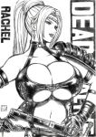  1girl armor artist_name bangs bare_shoulders belt breasts character_name circlet cleavage clothing_cutout collarbone commentary_request copyright_name dead_or_alive dead_or_alive_5 dead_or_alive_6 earrings gloves greyscale halterneck hands_on_hips high_ponytail jewelry large_breasts leotard lips lipstick long_hair looking_away makeup monochrome navel navel_cutout parted_bangs ponytail rachel_(ninja_gaiden) shoulder_armor signature simple_background skidrow solo stomach 