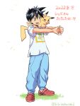  1boy baggy_pants black_hair brown_eyes commentary_request crocs dated exercise full_body grass highres interlocked_fingers kibisakura2 loafers looking_at_another male_focus no_headwear on_shoulder open_mouth outdoors outstretched_arms own_hands_clasped own_hands_together pants pikachu pokemon pokemon_(creature) pokemon_adventures pokemon_on_shoulder red_(pokemon) red_footwear shirt shoes short_hair simple_background smile solo spiked_hair stretching t-shirt translation_request white_background 