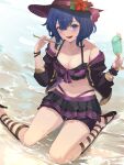  1girl :d absurdres alternate_costume alternate_eye_color beach bikini bikini_skirt blue_eyes blue_hair blush breasts cleavage coat collarbone commission cup eating fire_emblem fire_emblem_awakening flower food front-tie_bikini front-tie_top hat hibiscus highres holding holding_cup ice_cream kneeling layered_bikini looking_at_viewer medium_breasts morgan_(fire_emblem) morgan_(fire_emblem)_(female) navel ocean open_mouth ritence sandals short_hair smile solo spoon sun_hat swimsuit wet 