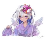  1girl absurdres amane_kanata angel_wings blue_hair colored_inner_hair grey_hair highres hololive mask mask_on_head multicolored_hair purple_eyes purple_robe robe signature sleeves_past_wrists solo two-tone_hair two_side_up upper_body virtual_youtuber wings yo_na 