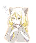  1girl animal_ears blonde_hair blush braid buttons cat_ears commentary long_hair looking_to_the_side lowres mota open_mouth original simple_background solo symbol-only_commentary twin_braids white_background yellow_eyes 
