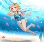  1girl :d air_bubble bare_shoulders blonde_hair blue_swimsuit bluesnail bubble casual_one-piece_swimsuit collarbone female_child fire_emblem fire_emblem_heroes fish freediving hand_in_own_hair highres looking_at_viewer official_alternate_costume one-piece_swimsuit open_mouth purple_eyes short_hair smile solo star_(symbol) submerged swimming swimsuit tiara underwater water white_swimsuit ylgr_(fire_emblem) 