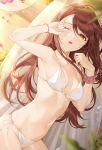  1girl arm_up armpits bikini blurry blurry_foreground breasts brown_hair cleavage depth_of_field drooling hammock highres idolmaster idolmaster_shiny_colors koyo_akio light_rays long_hair lying medium_breasts navel on_side osaki_tenka outdoors petals saliva scrunchie side-tie_bikini sleepy solo swimsuit very_long_hair waking_up white_bikini wrist_scrunchie 