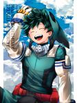  1boy absurdres arm_up belt bodysuit boku_no_hero_academia border closed_eyes cloud commentary_request day facing_viewer freckles gloves green_bodysuit green_hair happy_birthday highres hood hood_up kai2_ly male_focus midoriya_izuku open_mouth outside_border red_belt short_hair signature sitting smile solo white_border white_gloves 