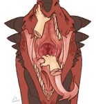  ambiguous_gender azerus_(imperatorcaesar) black_horn bodily_fluids disembodied_hand dragon duo eyes_closed glistening glistening_tongue hand_in_mouth horn imperatorcaesar mouth_play pink_tongue red_body red_scales saliva saliva_on_hand saliva_on_tongue saliva_string scales sharp_teeth signature simple_background teeth tongue tongue_out white_background 