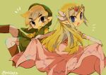  1boy 1girl artist_name back belt blonde_hair blue_eyes blush closed_mouth commentary_request dress floating_hair full_body gloves jewelry link long_hair looking_up multicolored_hair multiple_persona necklace open_mouth pink_dress princess_zelda skirt_hold the_legend_of_zelda the_legend_of_zelda:_spirit_tracks the_legend_of_zelda:_the_wind_waker tiara tokuura toon_link toon_zelda 