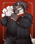  absurd_res anthro canid canine canis clothing domestic_dog dress_shirt eyebrows fur gloves grey_body grey_fur hair handwear hi_res leimuaht lifewonders male mammal muzzle_(object) muzzled ponytail shino_(housamo) shirt solo suit thick_eyebrows tokyo_afterschool_summoners topwear vest video_games 