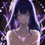  1girl arms_at_sides backlighting braid braided_ponytail breasts bright_pupils cleavage closed_mouth collarbone completely_nude electricity flower genshin_impact glaring glowing_tattoo hair_flower hair_ornament large_breasts light_particles lightning long_hair looking_at_viewer magic_circle mitsudomoe_(shape) nude orb pink_lips portrait pukku97 purple_background purple_eyes purple_flower purple_hair raiden_shogun solo straight-on tomoe_(symbol) white_pupils 