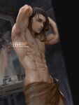  1boy abs art_of_neight artist_name black_hair drying drying_hair dutch_angle eren_yeager grey_eyes groin highres male_focus mirror muscular muscular_male naked_towel navel shingeki_no_kyojin sink solo towel watermark web_address 