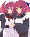  2girls :o apron bangs black_dress black_kimono blue_bow blue_eyes blush bow closed_mouth commentary_request dress hair_between_eyes hair_bow half_updo highres hisui_(tsukihime) holding_hands japanese_clothes juliet_sleeves kimono kohaku_(tsukihime) long_sleeves looking_at_viewer maid maid_apron maid_headdress multiple_girls neck_ribbon puffy_sleeves red_hair red_ribbon ribbon short_hair siblings sisters smile tsukihime twins uxco0 wa_maid white_apron white_background wide_sleeves yellow_eyes 