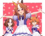  +_+ 3girls :d @_@ ahoge animal_ears bangs blue_ribbon blush border bow bowtie brown_hair clover_hair_ornament commentary_request copano_rickey_(umamusume) daruma_doll double_bun ear_covers ears_down fang hair_between_eyes hair_bun hair_intakes hair_ornament hair_ribbon hairband hand_up hands_up highres horse_ears horse_girl horse_tail horseshoe_ornament long_hair looking_at_another matikanefukukitaru_(umamusume) medium_hair meisho_doto_(umamusume) multicolored_hair multiple_girls nagaburo_imoni open_mouth orange_hair outside_border outstretched_arms own_hands_clasped own_hands_together pleated_skirt puffy_short_sleeves puffy_sleeves purple_bow purple_bowtie purple_eyes purple_hairband purple_shirt raised_eyebrows red_background ribbon sailor_collar sailor_shirt school_uniform shide shirt short_hair short_sleeves sidelocks skirt smile standing star-shaped_pupils star_(symbol) starry_background streaked_hair sweatdrop symbol-shaped_pupils tail tassel tracen_school_uniform two-tone_hair umamusume white_border white_hair white_sailor_collar white_skirt 