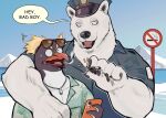  anthro arm_around_shoulders avian beak biped bird black_body black_skin bodily_fluids cigarette clothing detailed_background dialogue dog_tags fangs hi_res k0bit0wani male mammal open_mouth penguin polar_bear police_uniform speech_bubble sweat text uniform ursid ursine white_body white_skin 