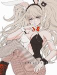  1girl animal_ears bangs bare_shoulders bear_hair_ornament black_leotard boots bow bowtie breasts cleavage closed_mouth collarbone criis-chan danganronpa:_trigger_happy_havoc danganronpa_(series) detached_collar enoshima_junko fake_animal_ears fishnet_pantyhose fishnets hair_ornament hand_up knee_boots large_breasts leotard long_hair looking_at_viewer nail_polish official_alternate_costume pantyhose playboy_bunny red_bow red_bowtie red_nails simple_background smile solo twintails two-tone_leotard white_background white_leotard wrist_cuffs 