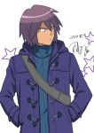  1boy alternate_costume bangs black_eyes closed_mouth coat commentary_request dated hands_in_pockets highres looking_to_the_side male_focus one-hour_drawing_challenge open_clothes open_coat paul_(pokemon) pokemon pokemon_(anime) pokemon_dppt_(anime) purple_coat short_hair signature solo star_(symbol) strap sweater tamura_(kouititamura) turtleneck turtleneck_sweater upper_body white_background 