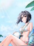  1girl arknights ball bangs bare_legs bare_shoulders beachball bikini black_hair blue_jacket blue_sky breasts buzhangyezideshu day feet_out_of_frame grey_eyes hair_between_eyes hair_intakes highres jacket la_pluma_(arknights) la_pluma_(summer_flowers)_(arknights) lanyard medium_breasts navel off_shoulder official_alternate_costume open_clothes open_jacket outdoors parted_lips short_hair sitting sky solo stomach swimsuit thighs white_bikini 