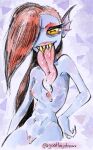  animal_humanoid areola black_eyes blue_body bodily_fluids breasts dripping eyelashes eyeshadow female fish fish_humanoid genitals goatboydraws hair hair_over_eye hand_on_hip horizontal_pupils humanoid lips long_hair long_tongue looking_at_viewer makeup marine marine_humanoid navel nipples nude one_eye_obstructed pattern_background pink_areola pink_lips pink_nipples pink_pussy pink_tongue pupils purple_background pussy red_eyeshadow red_hair saliva saliva_drip sharp_teeth simple_background small_breasts solo teeth thick_thighs tongue tongue_out undertale_(series) undyne white_background wide_hips yellow_sclera 
