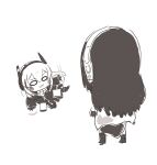  2girls :3 bangs black_jacket chibi chika_(keiin) dancing from_behind full_body girls&#039;_frontline gloves greyscale hair_between_eyes headgear headphones highres jacket long_hair long_sleeves looking_at_another m4_sopmod_ii_jr m4a1_(girls&#039;_frontline) monochrome multicolored_hair multiple_girls simple_background smile streaked_hair white_background 