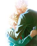  2boys bakugou_katsuki bangs blonde_hair boku_no_hero_academia card closed_eyes from_behind green_jacket highres holding holding_card hug jacket long_sleeves male_focus multiple_boys necktie rain red_eyes red_necktie school_uniform shiny shiny_hair short_hair signature simple_background spiked_hair trevo_(trevoshere) u.a._school_uniform white_background yagi_toshinori 