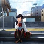  1girl artist_name black_hair blurry blurry_background blush botttomtext bow bowtie brown_bag closed_eyes crossed_ankles english_commentary head_rest highres ko-fi_logo komi-san_wa_komyushou_desu komi_shouko loafers long_sleeves outdoors pantyhose plaid plaid_bow plaid_bowtie plaid_skirt railing red_bow red_bowtie red_skirt shirt shoes skirt solo stairs tactile_paving unzipped web_address white_shirt 