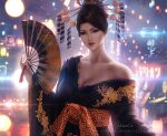  1girl artist_name black_eyes black_hair black_kimono breasts cleavage collarbone final_fantasy final_fantasy_vii final_fantasy_vii_remake floral_print folding_fan gold_trim hair_bun hair_ornament hair_stick hand_fan holding holding_fan japanese_clothes kimono large_breasts looking_at_viewer madam_m makeup neon_lights off_shoulder pale_skin parted_lips patreon_username pinky_out red_lips solo upper_body wickellia wide_sleeves 