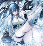  1girl absurdres arknights bangs blue_hair breasts character_name coat commentary cup grey_eyes grin hand_up highres holding holding_cup horns knee_up large_breasts ling_(arknights) long_hair looking_at_viewer nuesawa_kyo one_eye_closed open_clothes open_coat parted_lips shirt sitting smile solo strapless strapless_shirt thigh_strap thighs white_coat white_shirt 